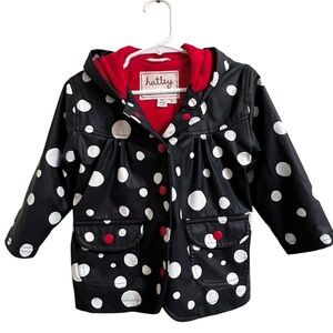Hatley Toddler Hooded Raincoat Navy white polka dots Terry Lined Snaps Size 1